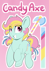 Size: 2672x3898 | Tagged: safe, artist:partylikeanartist, oc, oc only, oc:candy axe, species:earth pony, species:pony, absurd resolution, axe, looking back, ponytail, reference, reference sheet, ribbon, simple background, smiling, smirk, solo, underhoof, weapon, yandere