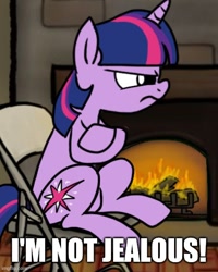 Size: 500x624 | Tagged: safe, artist:petirep, character:twilight sparkle, character:twilight sparkle (unicorn), species:pony, species:unicorn, blatant lies, caption, crossed hooves, denial, female, fire, fireplace, grumpy, grumpy twilight, image macro, looking away, mare, rainbow dash presents, sitting, solo, text