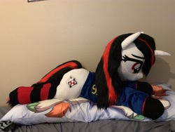 Size: 4032x3024 | Tagged: safe, artist:epicrainbowcrafts, character:autumn blaze, oc, oc only, oc:blackjack, species:kirin, species:pony, species:unicorn, fallout equestria, fallout equestria: project horizons, body pillow, clothing, female, mare, photo, plushie, socks, solo, striped socks, toy