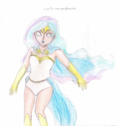Size: 720x767 | Tagged: safe, artist:wrath-marionphauna, character:princess celestia, species:human, boots, cape, clothing, colored pencil drawing, female, gloves, humanized, jewelry, leotard, lipstick, shoes, solo, superhero, tiara, traditional art, white eyes