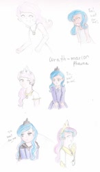 Size: 720x1235 | Tagged: safe, artist:wrath-marionphauna, character:princess celestia, character:princess luna, species:human, :c, >:c, angry, cape, clothing, colored pencil drawing, comic, crown, cute, dress, ear piercing, earring, eyes closed, frown, humanized, jewelry, moon, necklace, one eye closed, piercing, pink-mane celestia, regalia, s1 luna, sad, smiling, traditional art, wink, yelling, young celestia, young luna, ò3ó