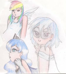 Size: 720x798 | Tagged: safe, artist:wrath-marionphauna, character:dj pon-3, character:princess luna, character:rainbow dash, character:vinyl scratch, species:human, clothing, colored pencil drawing, crown, ear piercing, earring, eyes closed, humanized, jewelry, peace sign, piercing, regalia, sunglasses, traditional art, winged humanization, wings