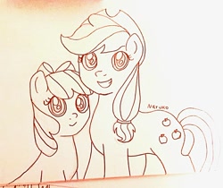 Size: 960x805 | Tagged: safe, artist:wrath-marionphauna, character:apple bloom, character:applejack, applejack's hat, bow, clothing, cowboy hat, female, hair bow, hat, pen drawing, siblings, sisters, smiling, traditional art, wip