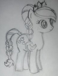 Size: 586x760 | Tagged: safe, artist:wrath-marionphauna, character:applejack, species:crystal pony, episode:the crystal empire, g4, my little pony: friendship is magic, alternate hairstyle, braid, braided tail, female, jewelry, pencil drawing, scene interpretation, smiling, solo, tiara, traditional art