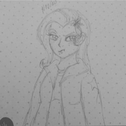 Size: 720x720 | Tagged: safe, artist:wrath-marionphauna, character:trixie, my little pony:equestria girls, annoyed, blushing, clothing, female, hairpin, hoodie, pencil drawing, sketch, solo, traditional art