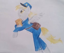 Size: 1024x859 | Tagged: safe, artist:wrath-marionphauna, character:derpy hooves, species:pegasus, species:pony, colored pencil drawing, female, flying, mail, mailbag, mailbox, mailmare, mailpony uniform, smiling, solo, traditional art