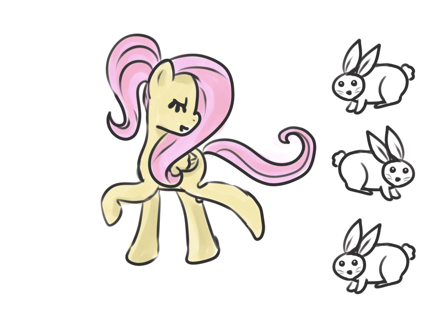 Size: 1390x1000 | Tagged: safe, artist:wrath-marionphauna, character:fluttershy, species:pegasus, species:pony, species:rabbit, alternate hairstyle, animal, animated, cute, dancing, eyes closed, female, jumping, ponytail, shyabetes, smiling, solo