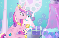 Size: 1600x1024 | Tagged: safe, artist:wrath-marionphauna, character:princess cadance, character:princess flurry heart, species:alicorn, species:pony, bed, bedroom, crown, crystal castle, diaper, digital art, female, jewelry, kissing, mother and child, mother and daughter, motherhood, regalia