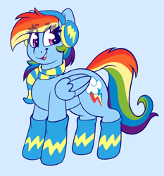 Size: 2073x2221 | Tagged: safe, artist:graphene, character:rainbow dash, species:pegasus, species:pony, blue background, clothing, cute, dashabetes, earmuffs, female, folded wings, high res, scarf, simple background, socks, solo, wings, winter outfit