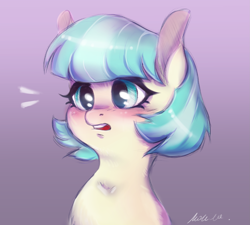 Size: 1771x1596 | Tagged: safe, artist:buttersprinkle, character:coco pommel, species:earth pony, species:pony, blushing, bust, cocobetes, cute, female, missing accessory, simple background, solo