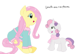 Size: 785x555 | Tagged: safe, artist:wrath-marionphauna, character:fluttershy, character:sweetie belle, clothing, cute, diasweetes, digital art, looking at each other, open mouth, scarf, simple background, smiling, transparent background