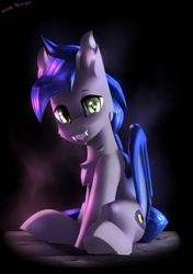 Size: 1900x2700 | Tagged: safe, artist:shido-tara, oc, oc only, oc:night vision, species:bat pony, bat pony oc, bat wings, cute, fangs, gift art, looking at you, simple background, sitting, smiling, solo, wings