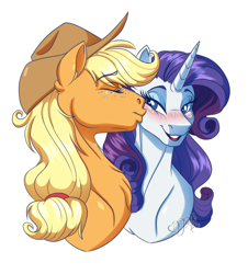 Size: 2263x2500 | Tagged: safe, artist:jack-pie, character:applejack, character:rarity, species:earth pony, species:pony, species:unicorn, ship:rarijack, applejack's hat, blushing, clothing, cowboy hat, eyes closed, female, freckles, hat, kiss on the cheek, kissing, lesbian, lipstick, mare, red lipstick, redraw, shipping, simple background, transparent background