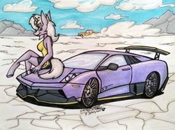 Size: 1280x954 | Tagged: safe, artist:sketchywolf-13, oc, oc only, species:anthro, species:pony, species:unguligrade anthro, species:unicorn, breasts, car, clothing, cloud, commission, female, horn, lamborghini, lamborghini murcielago, looking at you, looking back, pose, salt flats, sitting, sky, solo, supercar, traditional art, vehicle