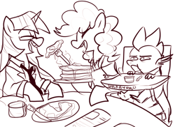 Size: 1228x895 | Tagged: safe, artist:ghost, character:pinkie pie, character:spike, character:twilight sparkle, ship:twinkie, apron, clothing, eyes closed, family, feeding, female, fork, glasses, highchair, knife, lesbian, monochrome, mug, necktie, newspaper, pancakes, shipping, spoon, unamused