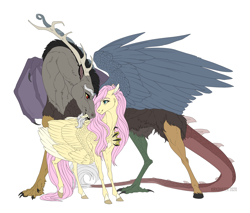 Size: 2000x1700 | Tagged: safe, artist:dementra369, character:discord, character:fluttershy, species:draconequus, species:pegasus, species:pony, ship:discoshy, g4, cute, eye contact, female, looking at each other, male, mare, shipping, simple background, smiling, straight, white background