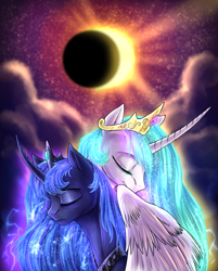 Size: 2408x3000 | Tagged: safe, artist:not-ordinary-pony, derpibooru original, character:princess celestia, character:princess luna, species:alicorn, species:pony, g4, curved horn, duo, eclipse, eyes closed, horn, redraw, royal sisters, sisters
