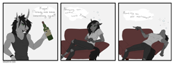 Size: 2140x800 | Tagged: safe, artist:dementra369, oc, oc only, species:anthro, species:pony, species:unicorn, g4, comic, cyrillic, dialogue, drunk, female, male, piercing, russian, speech bubble, translated in the description