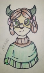 Size: 2005x3305 | Tagged: safe, artist:wrath-marionphauna, character:yona, species:anthro, species:yak, g4, bow, clothing, colored pencil drawing, cute, female, hair bow, horn, marker drawing, monkey swings, poncho, smiling, solo, sweater, traditional art, yonadorable