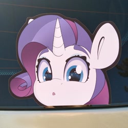 Size: 1588x1588 | Tagged: safe, artist:partylikeanartist, character:rarity, species:pony, species:unicorn, g4, anime, anime eyes, anime style, bumper sticker, car, chibi, cute, etsy, eyebrows, female, ford focus, irl, looking at you, merchandise, peeker, peeking, photo, raribetes, solo, sticker