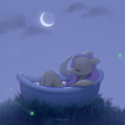 Size: 2126x2126 | Tagged: safe, artist:katputze, character:fluttershy, species:anthro, g4, bath, bathing, bathtub, crescent moon, eyes closed, female, firefly, floppy ears, grass, insect, moon, night, solo, wet, wet mane