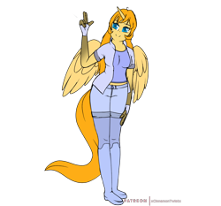 Size: 3000x2800 | Tagged: safe, artist:xcinnamon-twistx, patreon reward, oc, oc only, species:alicorn, species:anthro, species:pony, g4, alicorn oc, big wings, clothing, female, horn, long tail, looking at you, patreon, patreon link, patreon logo, salute, shirt, shoes, shorts, simple background, solo, transparent background, wings