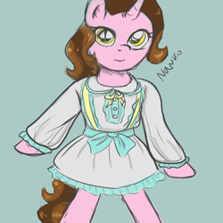 Size: 1000x1000 | Tagged: safe, artist:wrath-marionphauna, oc, oc only, oc:color breezie, species:pony, species:unicorn, g4, clothing, digital art, dress, lolita fashion, looking at you, semi-anthro, simple background, sketch, solo