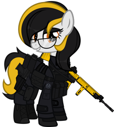 Size: 1920x2135 | Tagged: safe, artist:n0kkun, oc, oc only, oc:zealous stripes, species:earth pony, species:pony, g4, armor, assault rifle, bedroom eyes, boots, call of duty, clothing, commission, eyeshadow, female, glasses, gloves, grin, gun, handgun, knee pads, m4a1, makeup, mare, modern warfare, pants, pistol, rifle, shoes, simple background, smiling, solo, transparent background, weapon