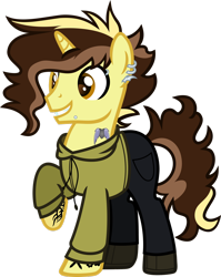 Size: 1920x2409 | Tagged: safe, artist:n0kkun, oc, oc only, oc:trail blazer (ice1517), species:pony, species:unicorn, g4, boots, clothing, ear piercing, earring, eyebrows, grin, hoodie, jeans, jewelry, lip piercing, male, multicolored hair, pants, piercing, raised hoof, shoes, simple background, smiling, solo, stallion, tattoo, transparent background