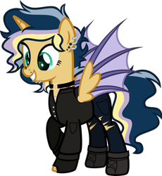Size: 1920x2084 | Tagged: safe, artist:n0kkun, oc, oc only, oc:hightune stormblazer, parent:oc:elizabat stormfeather, parent:oc:trail blazer (ice1517), parents:oc x oc, species:alicorn, species:bat pony, species:pony, icey-verse, g4, alicorn oc, bat pony alicorn, bat pony oc, bat wings, boots, choker, clothing, ear piercing, earring, female, fingerless gloves, gloves, grin, horn, jacket, jeans, jewelry, leather jacket, lip piercing, mare, multicolored hair, nose piercing, offspring, pants, piercing, raised hoof, shoes, simple background, smiling, solo, tattoo, torn clothes, transparent background, wings