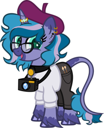 Size: 1920x2352 | Tagged: safe, artist:n0kkun, oc, oc:feather frame, species:pony, species:unicorn, g4, beret, camera, choker, clothing, ear piercing, earring, female, glasses, hat, horn, horn ring, jeans, jewelry, leonine tail, mare, markings, open mouth, paintbrush, pants, piercing, ring, simple background, solo, sweater, transparent background, unshorn fetlocks, wedding ring