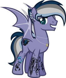 Size: 1920x2272 | Tagged: safe, artist:n0kkun, oc, oc:night storm (ice1517), species:bat pony, species:pony, g4, bat pony oc, bat wings, ear piercing, earring, eyebrow piercing, grin, jewelry, male, multicolored hair, necklace, piercing, ring, simple background, smiling, solo, stallion, tattoo, transparent background, wedding ring, wings
