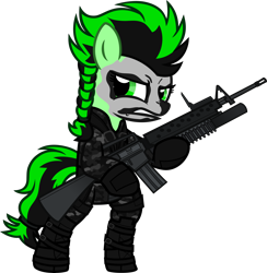 Size: 6000x6150 | Tagged: safe, artist:n0kkun, oc, oc only, oc:aventurine, species:earth pony, species:pony, g4, assault rifle, bipedal, boots, camouflage, clothing, commission, face paint, female, gloves, grenade launcher, gritted teeth, gun, hoof hold, jacket, m16, m16a1, m203, mare, pants, rifle, shoes, simple background, solo, transparent background, weapon