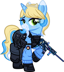 Size: 5000x5612 | Tagged: safe, artist:n0kkun, oc, oc only, oc:meow peow, species:pony, species:unicorn, g4, armor, bedroom eyes, belt, blushing, body armor, boots, clothing, female, freckles, glock, gloves, grin, gun, hairband, handgun, holster, jacket, mare, markings, multicolored hair, pants, pistol, pouch, raised hoof, raised leg, shoes, simple background, smiling, solo, submachinegun, transparent background, ump45, weapon