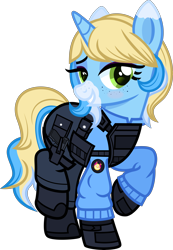 Size: 4000x5767 | Tagged: safe, artist:n0kkun, oc, oc only, oc:meow peow, species:pony, species:unicorn, g4, armor, bedroom eyes, belt, blushing, body armor, boots, clothing, female, freckles, gloves, grin, hairband, holster, jacket, mare, markings, multicolored hair, pants, pouch, raised hoof, raised leg, shoes, simple background, smiling, solo, transparent background