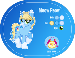 Size: 2000x1526 | Tagged: safe, artist:n0kkun, oc, oc only, oc:meow peow, species:pony, species:unicorn, g4, bedroom eyes, blue background, blushing, female, freckles, grin, hairband, mare, markings, multicolored hair, raised hoof, raised leg, reference sheet, simple background, smiling, solo