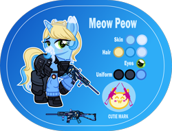 Size: 5000x3815 | Tagged: safe, artist:n0kkun, oc, oc only, oc:meow peow, species:pony, species:unicorn, g4, armor, bedroom eyes, belt, blue background, blushing, body armor, boots, clothing, female, freckles, glock, gloves, grin, gun, hairband, handgun, high res, holster, jacket, mare, markings, multicolored hair, pants, pistol, pouch, raised hoof, raised leg, reference sheet, shoes, simple background, smiling, solo, submachinegun, ump45, weapon