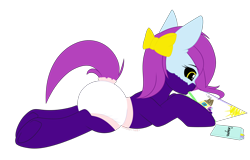 Size: 3000x1920 | Tagged: safe, artist:xcinnamon-twistx, oc, oc only, oc:aeris strider, species:earth pony, species:pony, g4, baby, bow, crayons, cute, diaper, drawing, female, filly, foal, mask, paper, simple background, solo, transparent background