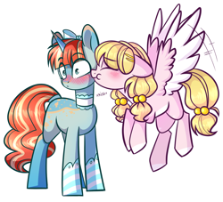 Size: 1340x1215 | Tagged: safe, artist:cloud-fly, oc, oc only, oc:french toast, oc:vivid, species:pegasus, species:pony, species:unicorn, g4, female, flying, kissing, lesbian, male, mare, simple background, stallion, transparent background, two toned wings, wings
