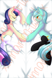Size: 1181x1771 | Tagged: safe, artist:xcinnamon-twistx, character:bon bon, character:lyra heartstrings, character:sweetie drops, species:earth pony, species:pony, species:unicorn, g4, bed, blushing, body pillow, body pillow design, clothing, couple, cute, cutie mark, dakimakura cover, design, eyes closed, happy, lying down, obtrusive watermark, patreon, patreon exclusive, patreon link, patreon logo, shipart, smiling, socks, stockings, thigh highs, together, watermark