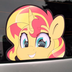Size: 3120x3120 | Tagged: safe, artist:partylikeanartist, character:sunset shimmer, species:pony, species:unicorn, g4, anime, anime eyes, bumper sticker, car, cute, etsy, eyebrows, eyebrows visible through hair, ford focus, irl, lip bite, looking at you, merchandise, peeker, photo, shimmerbetes, solo, sticker