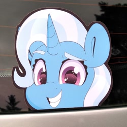 Size: 794x794 | Tagged: safe, artist:partylikeanartist, character:trixie, species:pony, species:unicorn, g4, anime, anime eyes, bumper sticker, car, cute, diatrixes, etsy, eyebrows, ford focus, irl, looking at you, peeker, photo, smiling, smirk, solo, sticker