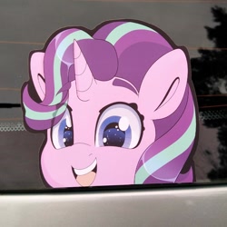 Size: 794x794 | Tagged: safe, artist:partylikeanartist, character:starlight glimmer, species:pony, species:unicorn, g4, anime, anime eyes, bumper sticker, car, cute, etsy, ford focus, glimmerbetes, irl, looking at you, peeker, peeking, photo, solo, sticker