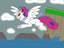 Size: 3264x2448 | Tagged: safe, artist:supahdonarudo, character:queen novo, species:classical hippogriff, species:hippogriff, g4, my little pony: the movie (2017), cliff, cloud, female, flying, griffon day, ocean, rock, shore, solo