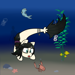 Size: 1050x1050 | Tagged: safe, artist:scraggleman, oc, oc:floor bored, species:seapony (g4), g4, controller, fish, jellyfish, lobster, ponytail, seaponified, snes controller, solo, species swap, underwater