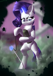 Size: 1900x2700 | Tagged: safe, artist:shido-tara, character:rarity, g4, annoyed, bipedal, bug spray, female, glowing horn, horn, insect, insecticide, magic, magic aura, solo, spider, spray, standing