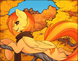 Size: 1280x996 | Tagged: safe, artist:spittfireart, edit, character:spitfire, species:pegasus, species:pony, g4, alternate hairstyle, autumn, clothing, cute, cutefire, female, leaves, mare, open mouth, prone, scarf, smiling, solo, tree, underhoof