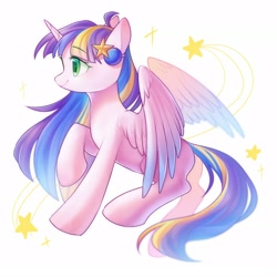 Size: 1600x1600 | Tagged: safe, artist:leafywind, oc, oc only, species:alicorn, species:pony, g4, alicorn oc, colored wings, female, gradient wings, horn, mare, profile, raised hoof, smiling, solo, spread wings, starry eyes, stars, wingding eyes, wings
