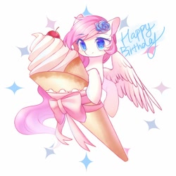 Size: 1080x1080 | Tagged: safe, artist:leafywind, oc, oc only, oc:leafy, species:pegasus, species:pony, g4, blue eyes, cherry, female, flower, flower in hair, food, happy birthday, ice cream, mare, smiling, solo, spread wings, starry eyes, wingding eyes, wings