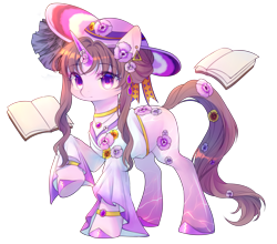 Size: 2500x2200 | Tagged: safe, artist:leafywind, oc, oc only, species:pony, species:unicorn, g4, book, colored horn, ear piercing, female, flower, flower in hair, horn, jewelry, mare, pendant, piercing, purple eyes, raised hoof, simple background, solo, transparent background